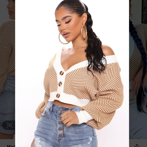 NEW Fashion Nova Brown White Cropped Cardigan Off Shoulder Sweater XS​ - Picture 14 of 15
